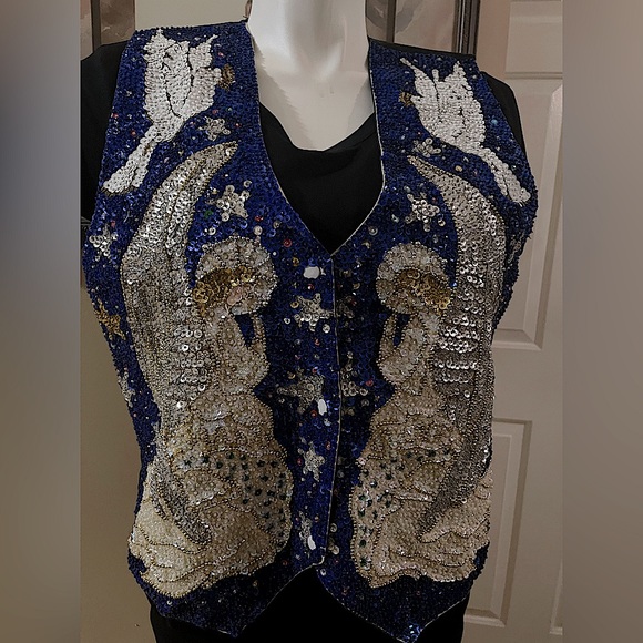 Vintage Sequin Christmas Vest Angels & Doves Holiday Religious BALI GEM Large - Picture 2 of 14